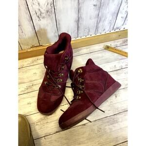 Norma Burgundy Suede & Mesh Hidden Wedge Sneakers - Women's Size 11